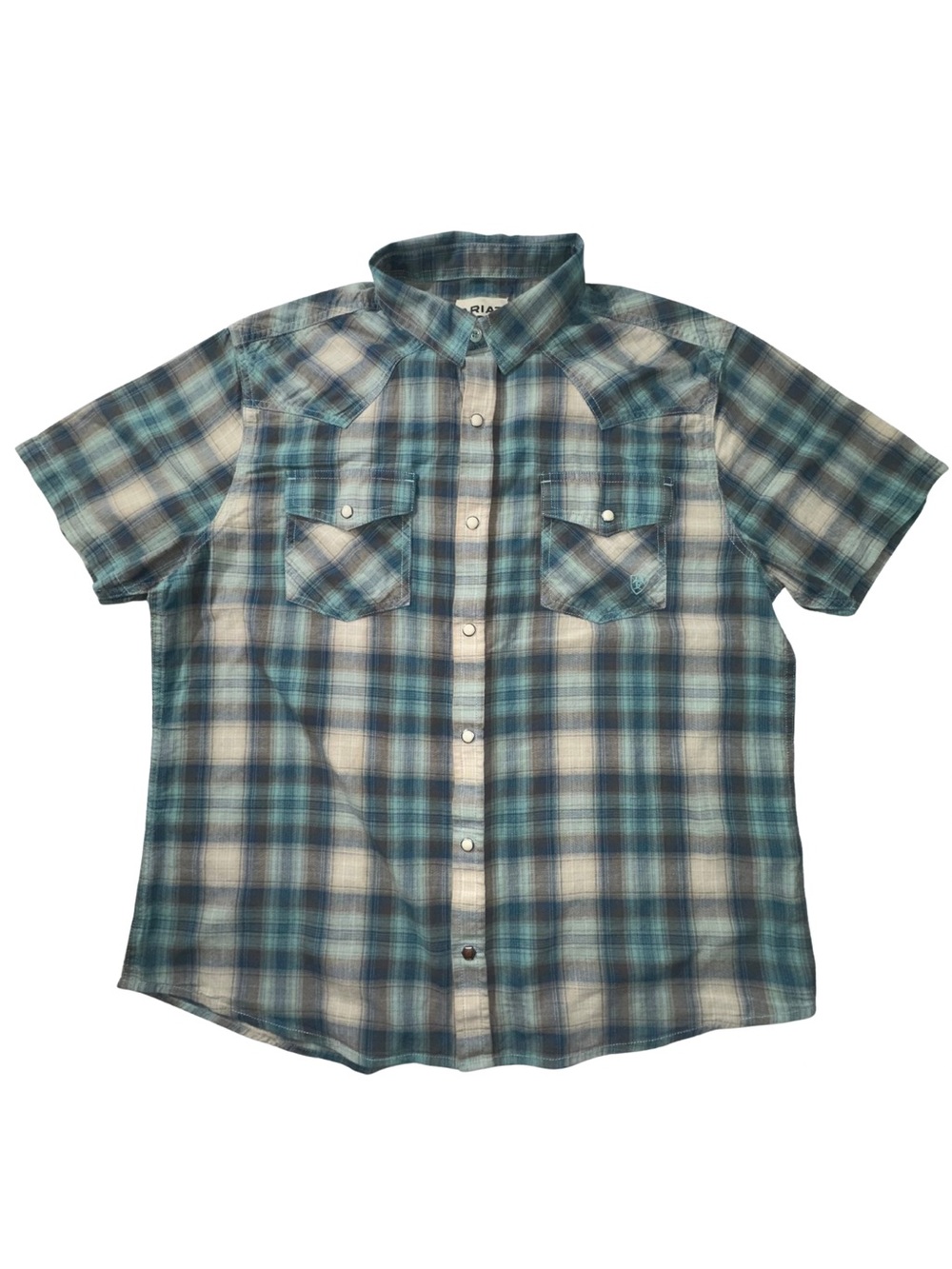 Ariat Retro Fitted Men’s Large Blue Tan Plaid Pearl Snap Western Shirt